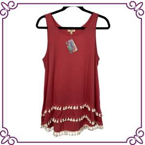 Kori America Dusty Rose Tank with Fringe Tassels Tunic Top SMALL NEW